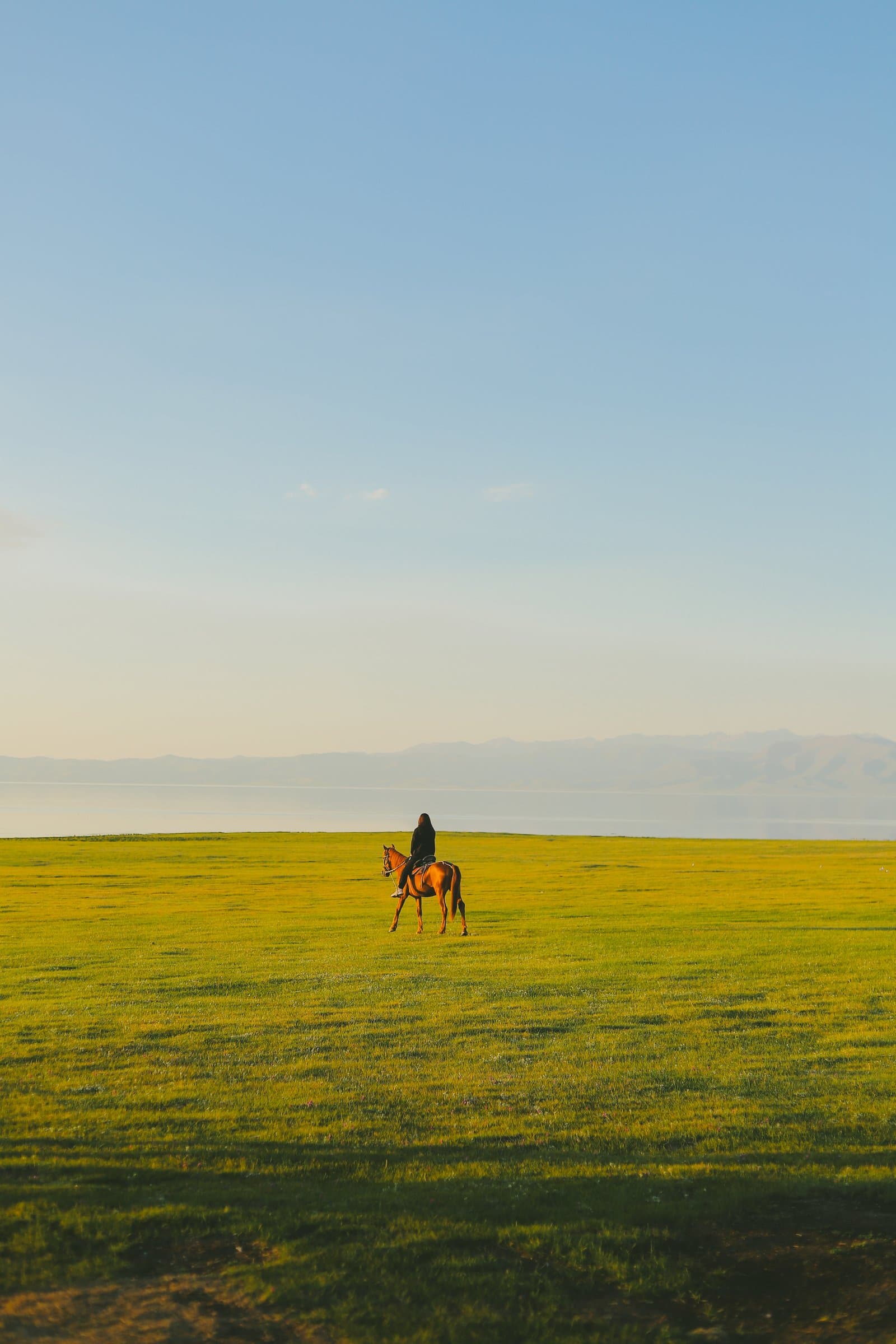 A lone horse rider crossing a green alpine meadow