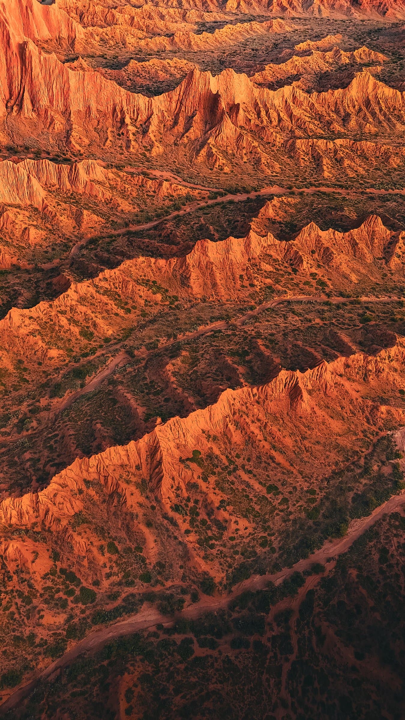 Aerial view of the red sandstone ridges of Skazka canyon