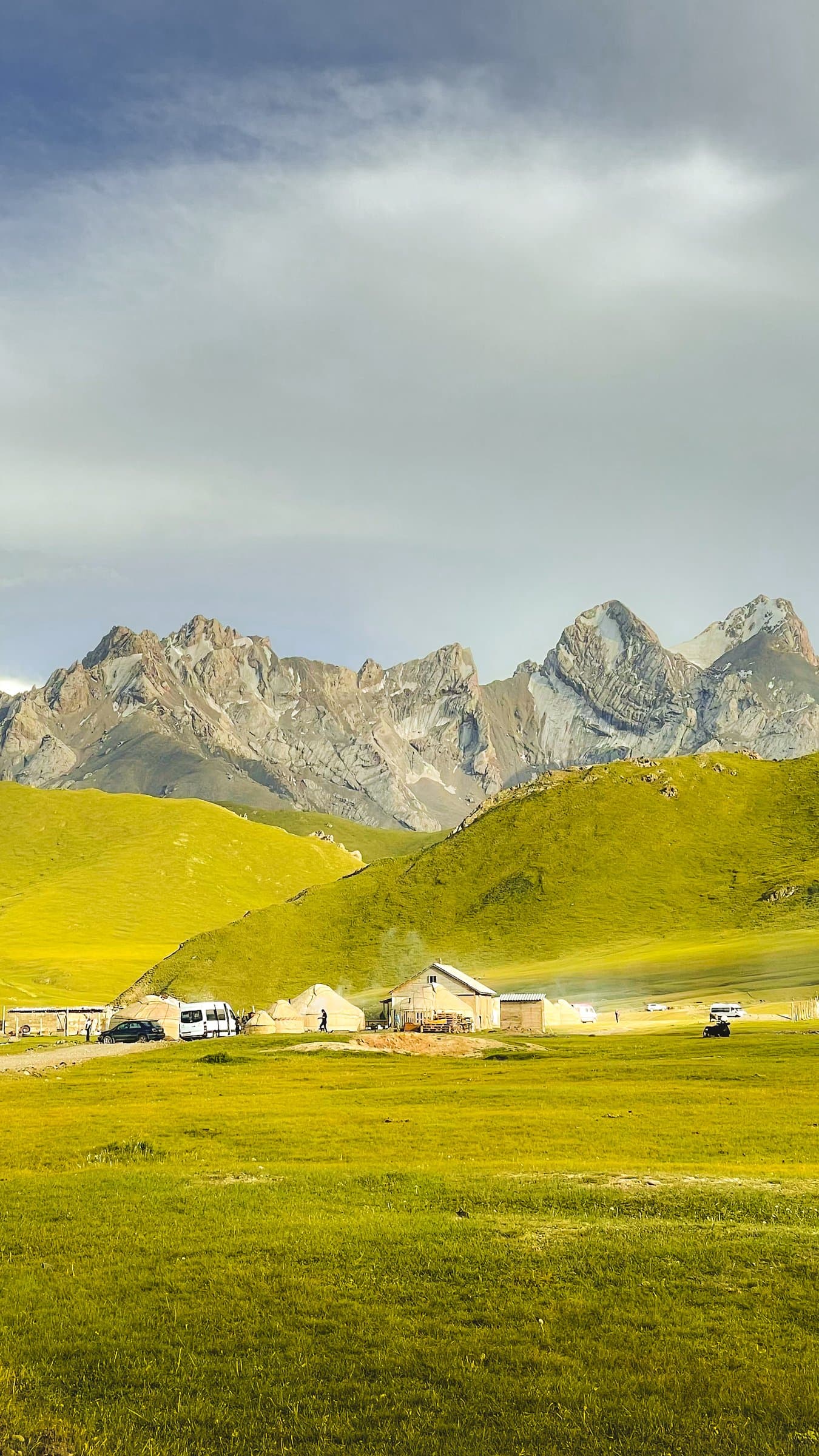 A high jailoo plateau near Song-Kol beneath a jagged mountain range