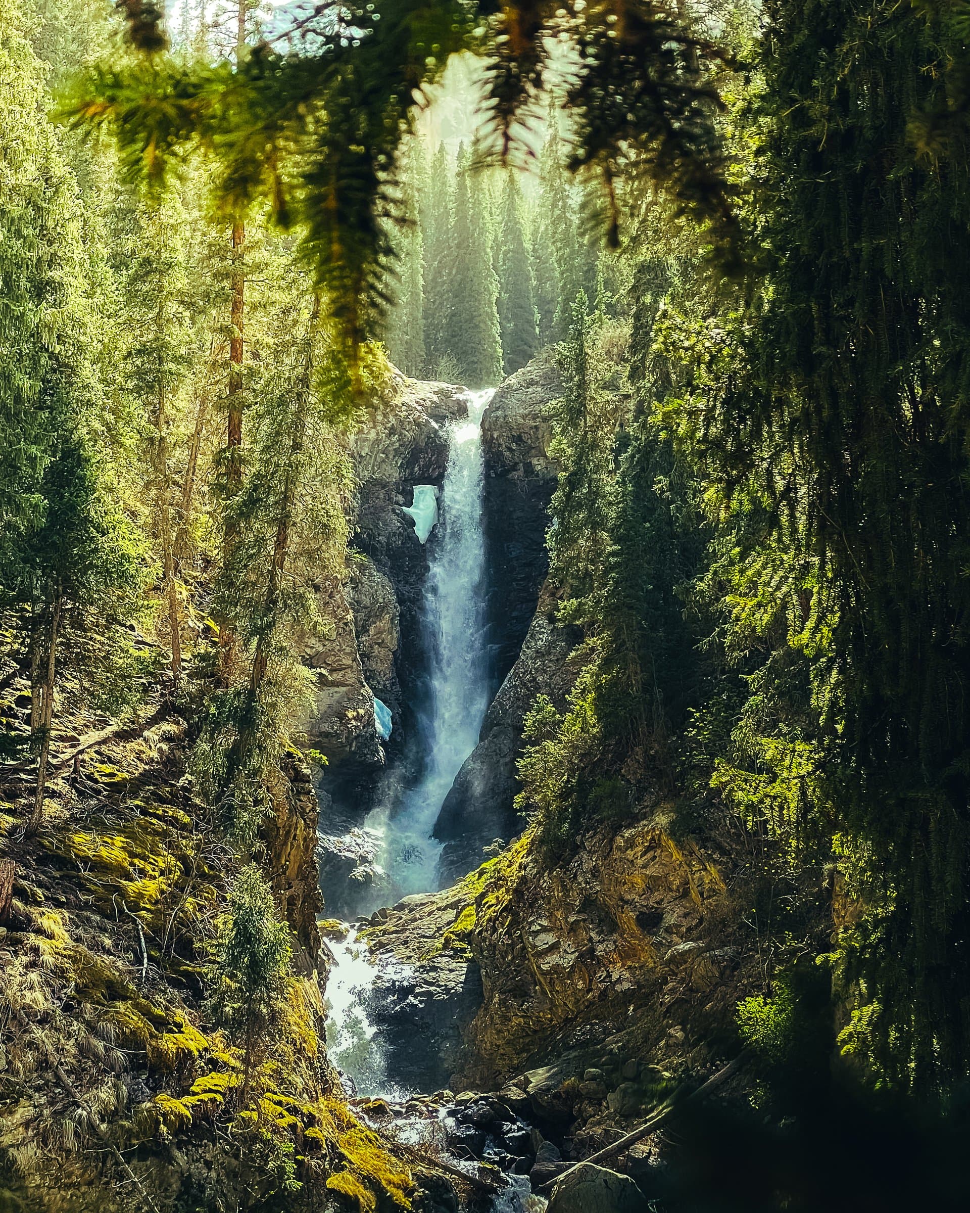 A waterfall dropping through the forested Barskoon valley